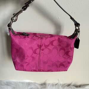 Coach Signature Jacquard Pink Baguette Shoulder Bag Pink Brown Trim